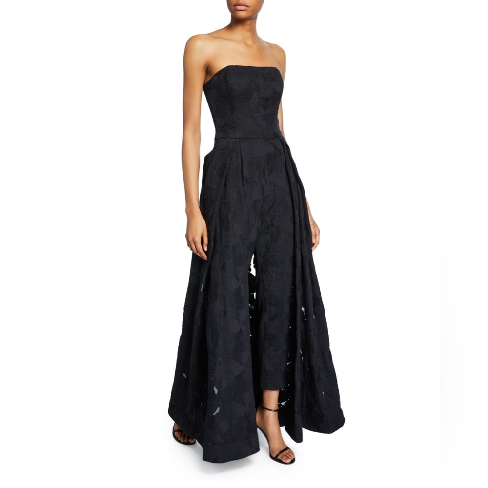 Halston Strapless Jacquard Jumpsuit with Skirt Overlay